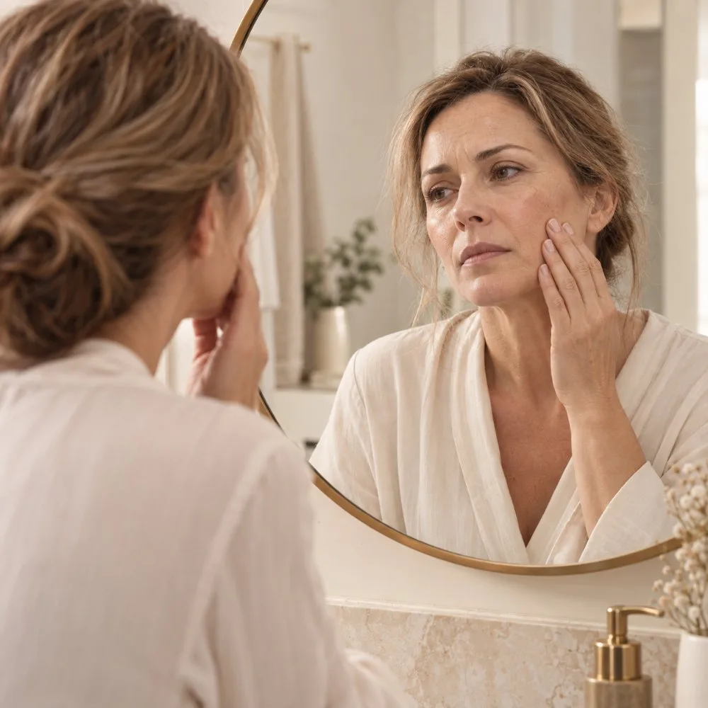 Woman examining dull, tired skin in the mirror